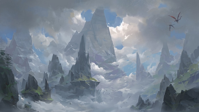 Fantasy landscape with mountains, clouds, and dragons