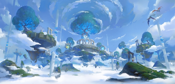 Fantasy art of floating islands and trees