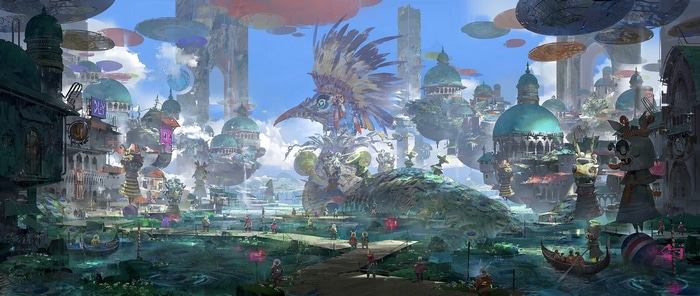 Fantasy cityscape with canoes and bird statue