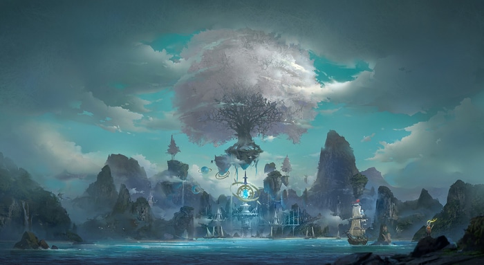 Fantasy landscape with floating islands and a large tree