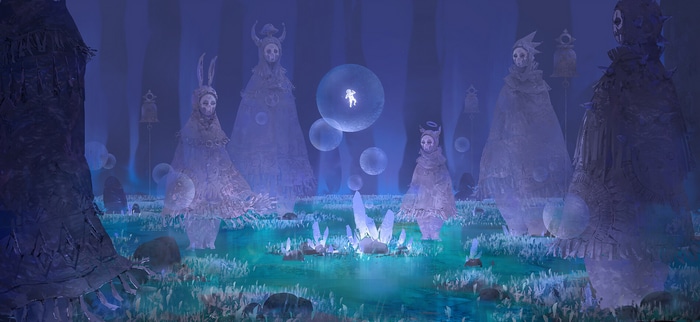 Surreal fantasy art with giant figures and a floating child