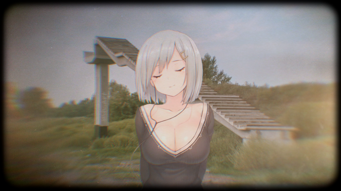 Anime girl with headphones in a wasteland with stairs