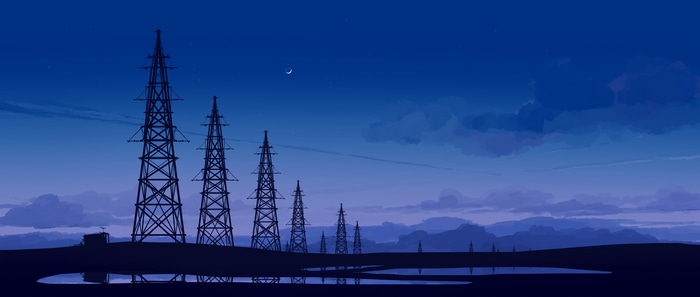 Nightscape with power lines and crescent moon