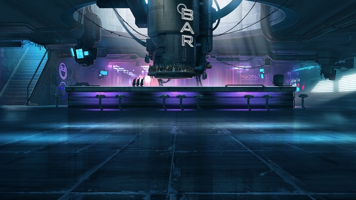Cyberpunk Bar Interior with Neon Lights