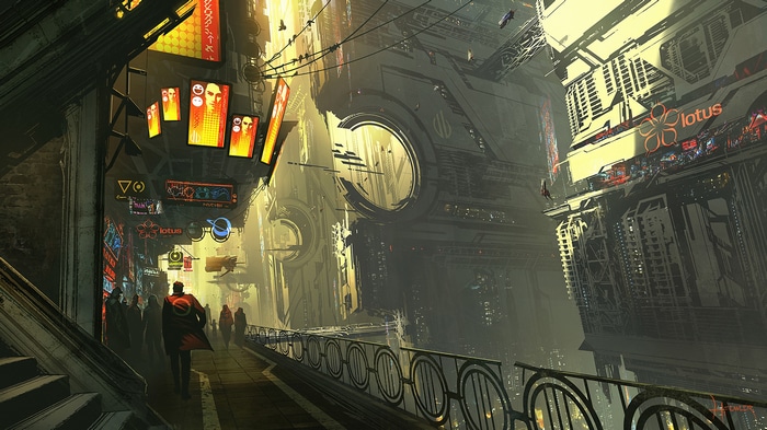 Cyberpunk city street with neon signs and futuristic buildings