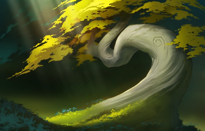 Fantasy art of a gnarled tree with yellow leaves
