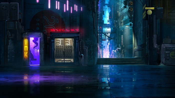 Cyberpunk city street at night with neon lights