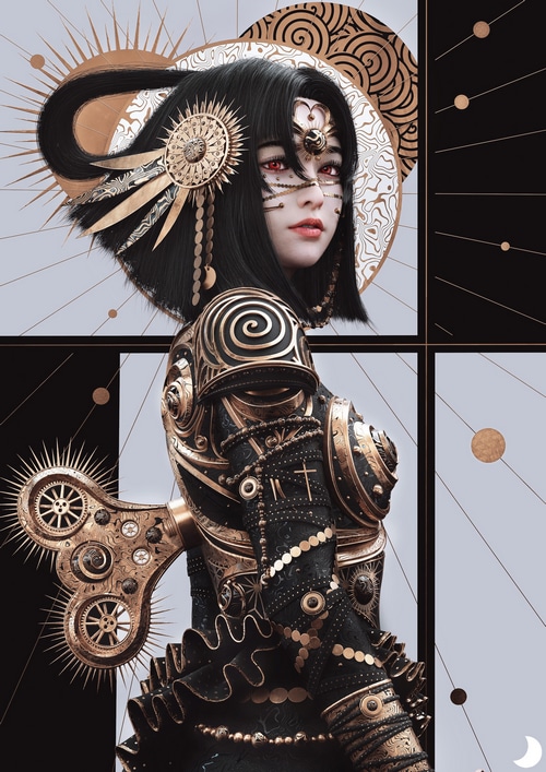 Mechanical Doll with Red Eyes and Gold Armor