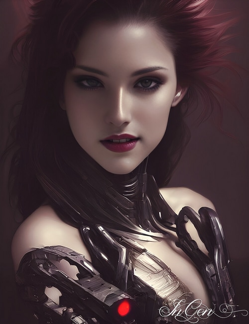 Cyborg woman with mechanical arms and red light