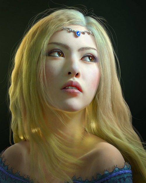 Fantasy art of a blonde woman with a blue gem tiara