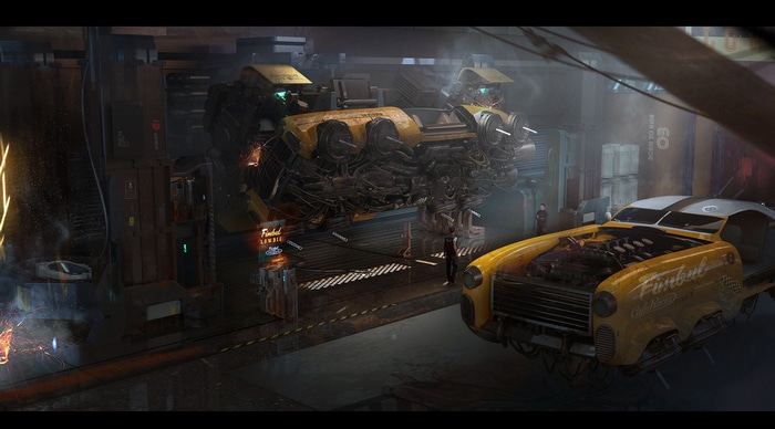 Futuristic yellow cars in a sci-fi workshop