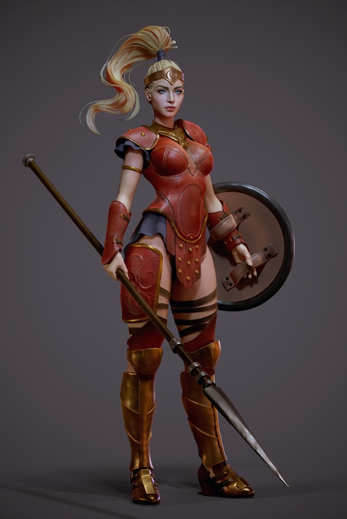 Fantasy girl with spear and shield in armor