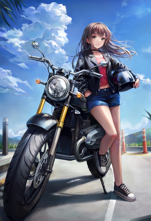 Anime girl with a motorcycle and helmet