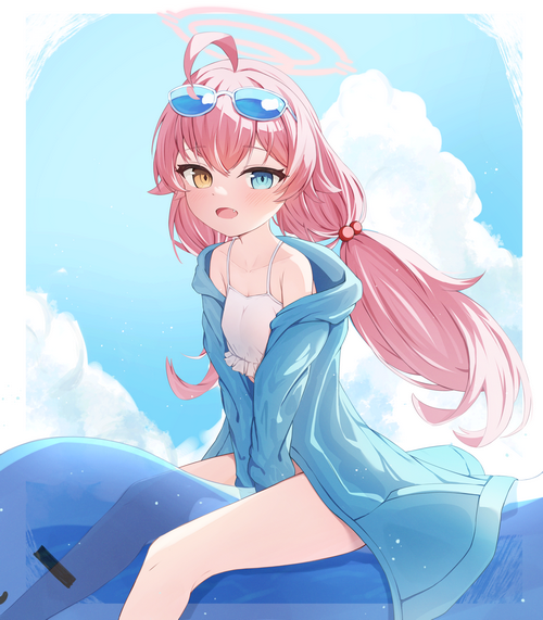 Girl with pink hair and heterochromia in swimwear