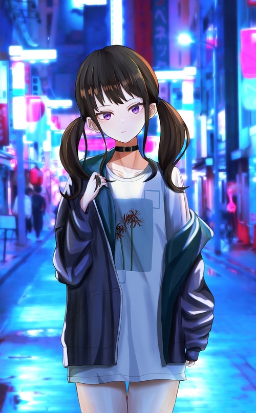 Inoue Takina from Lycoris Recoil in a city at night