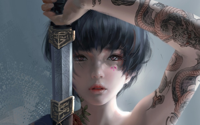 Ghostblade WLOP fantasy girl with sword and tattoos