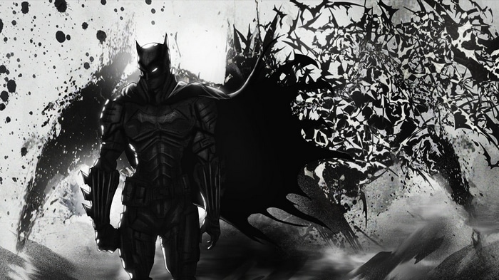 Batman in monochrome with bats