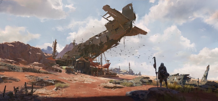 Desert landscape with a crashed airplane wreck