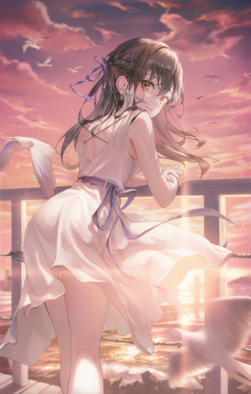 Anime girl in a white dress by the sea