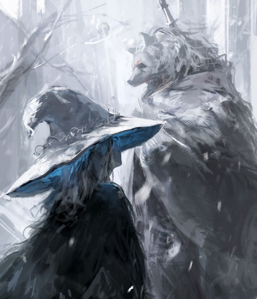 Ranni and a wolf-like creature in Elden Ring