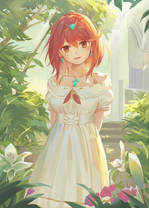 Homura from Xenoblade Chronicles 2 in a garden