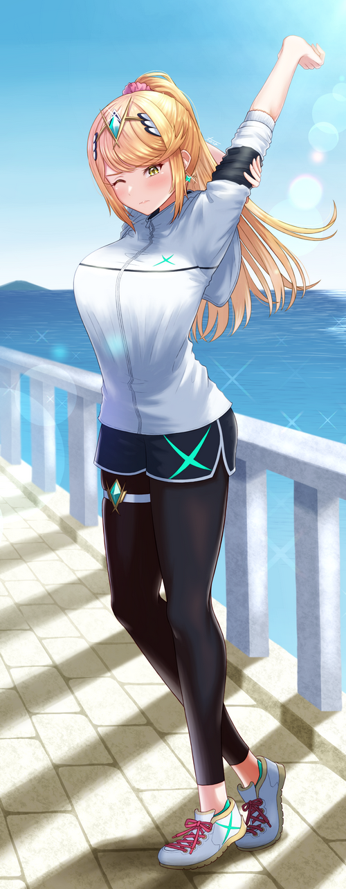 Hikari stretching by the sea in Xenoblade Chronicles 2 fan art