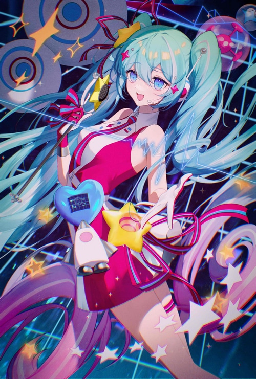 Hatsune Miku singing with a microphone and stars