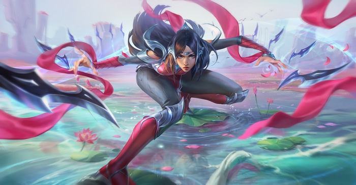 Irelia in a dynamic pose with blades and ribbons