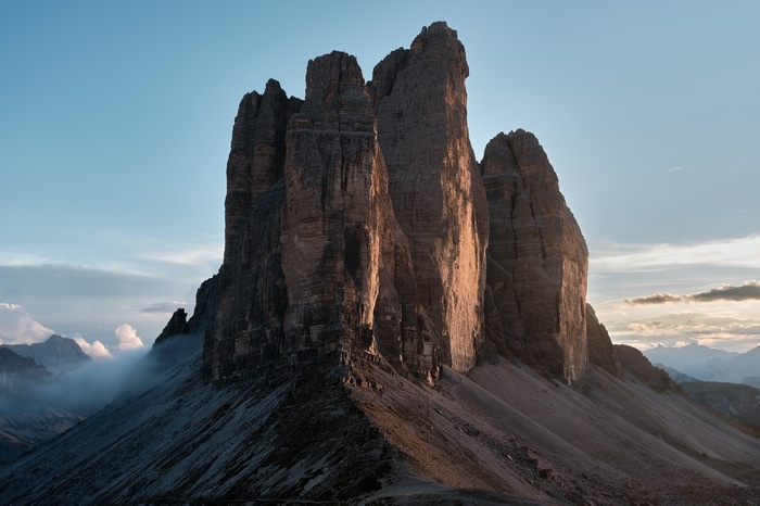 Tre Cime di Lavaredo mountain range at sunset