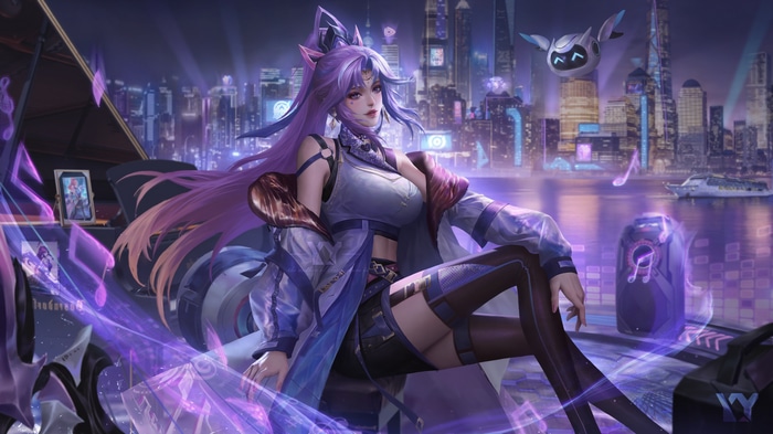 Girl with purple hair and robot in futuristic city
