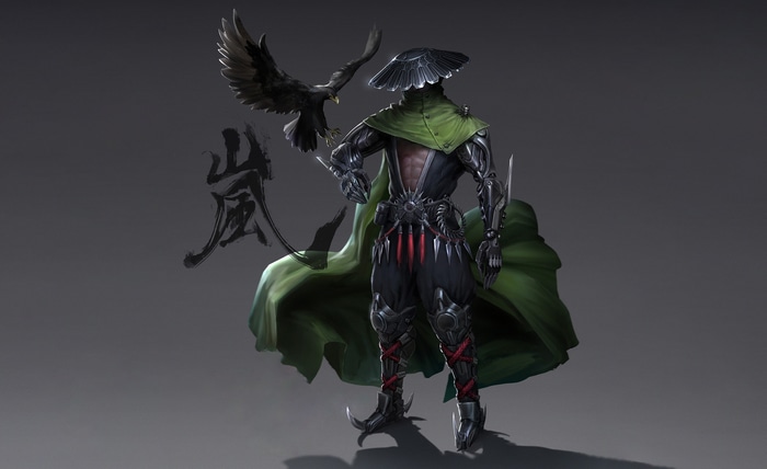 Warrior with a crow and Japanese calligraphy