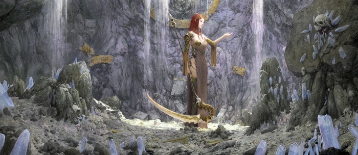Fantasy woman with scythe in a crystal cave