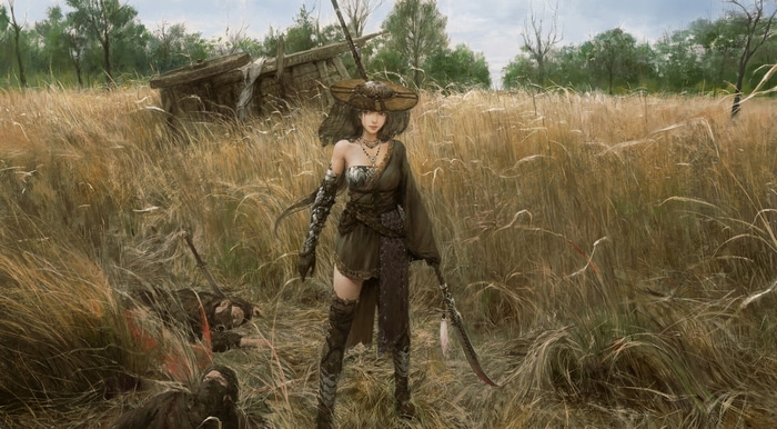 Fantasy warrior woman with a sword in a field with corpses