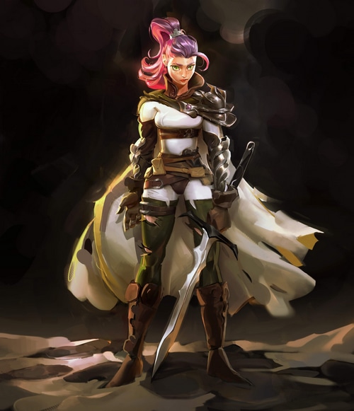 Fantasy warrior woman with pink hair and sword