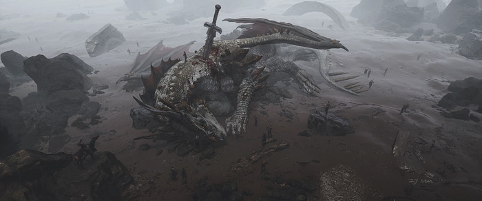 A slain dragon with a sword in its back