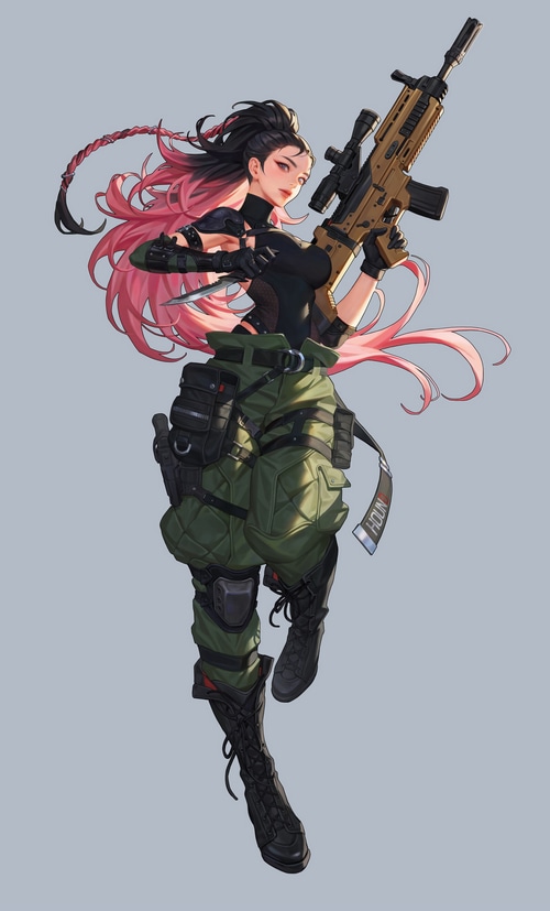 Woman with pink and black hair holding a rifle