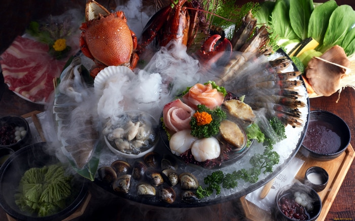 Seafood platter with crab, lobster, shrimp, and fish