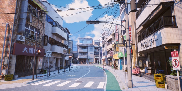 Anime street scene with buildings and traffic lights