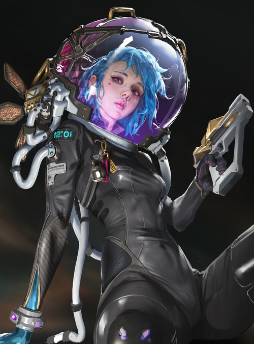 Vergil Hoo's futuristic woman with blue hair and gun