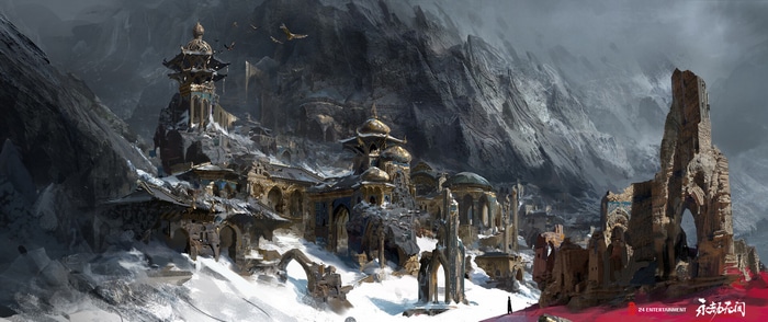 Fantasy city in snowy mountains with ancient ruins