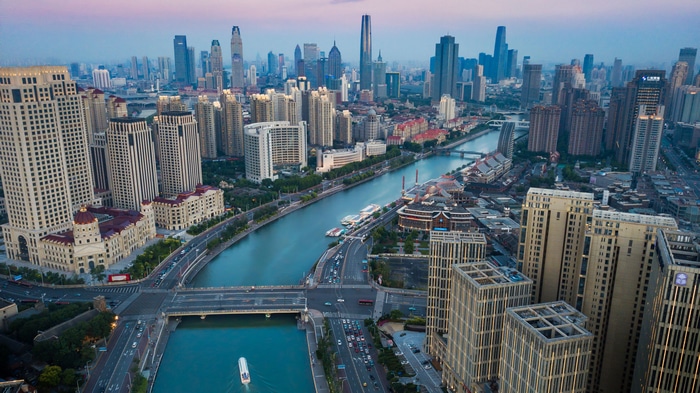4K Tianjin cityscape with river and skyscrapers