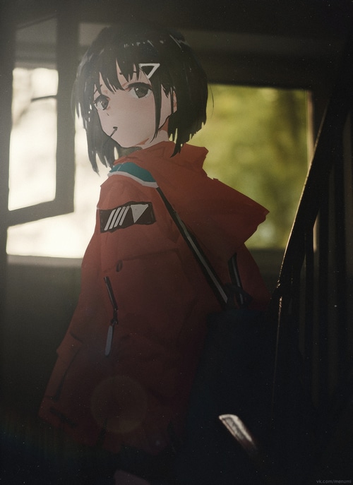 Anime girl with short black hair in a red jacket