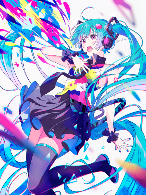 Hatsune Miku singing with colorful sound waves