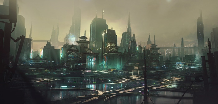 Futuristic cyberpunk cityscape with towering skyscrapers and elevated highways