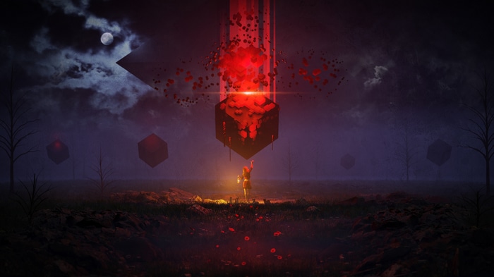Fantasy art of a girl reaching for a glowing cube