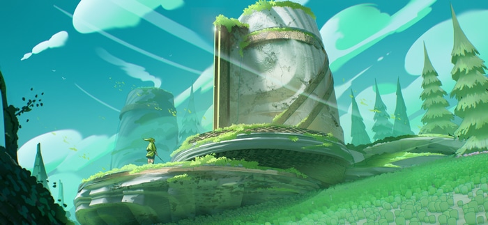 Fantasy art of a temple with a person and trees