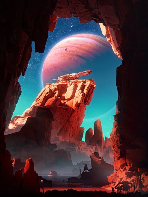 Spaceship on rocky planet with Jupiter in the sky