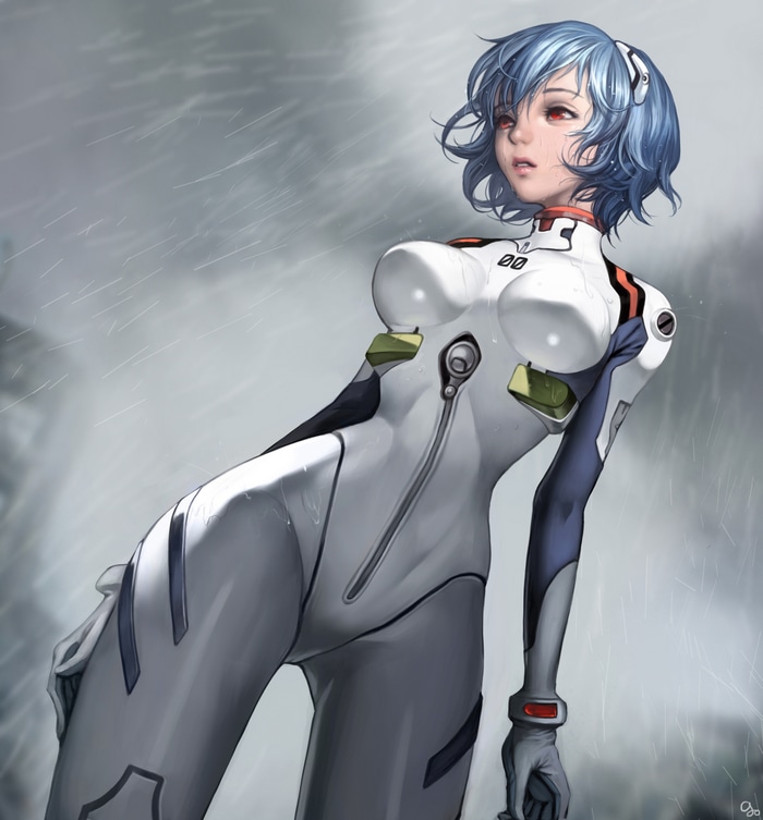 Rei Ayanami in a white bodysuit in the rain