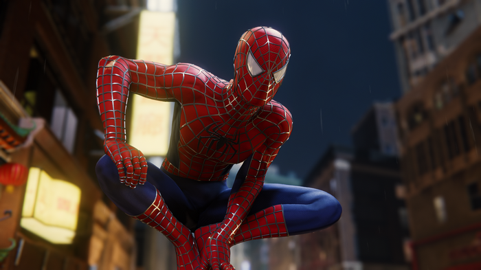Spider-Man Remastered superhero crouching in city