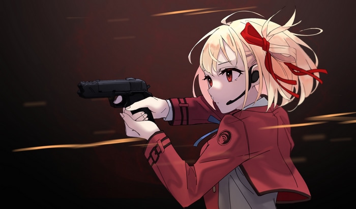 Nishikigi Chisato from Lycoris Recoil holding a gun